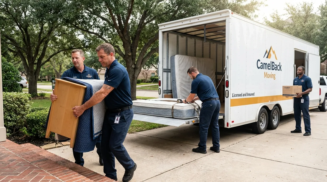 Crew loading residential truck for cross-state move from Clarendon, AR