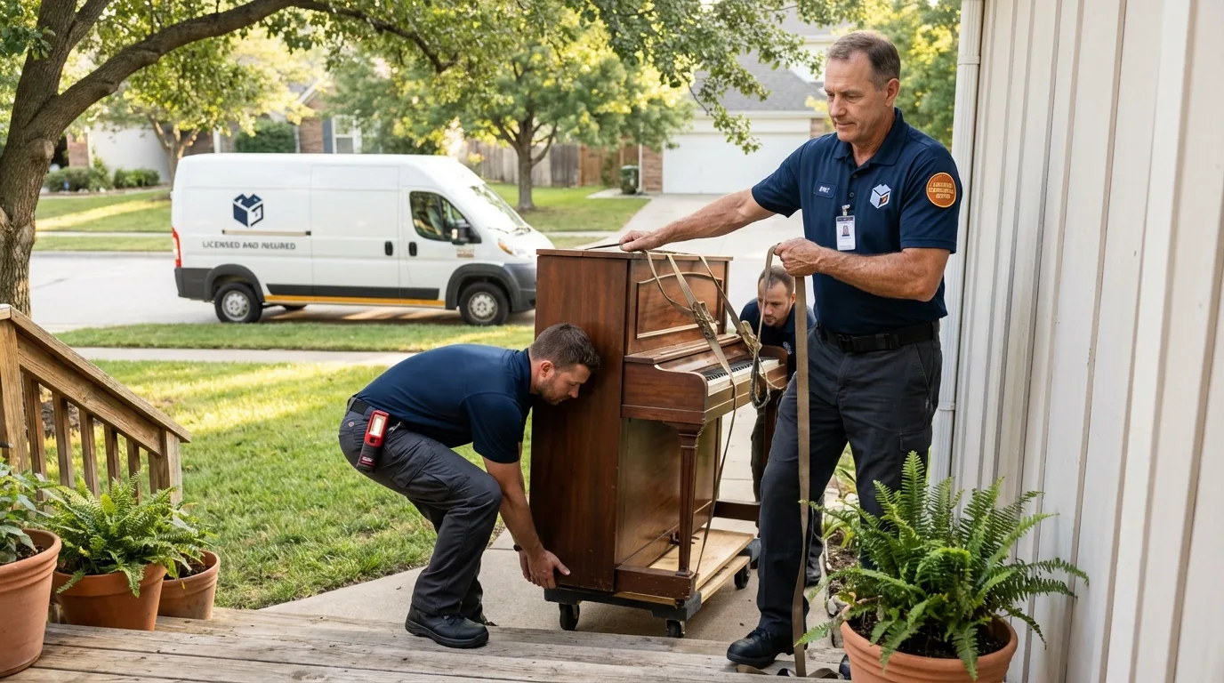 Licensed piano movers securing grand piano in Clarendon, AR