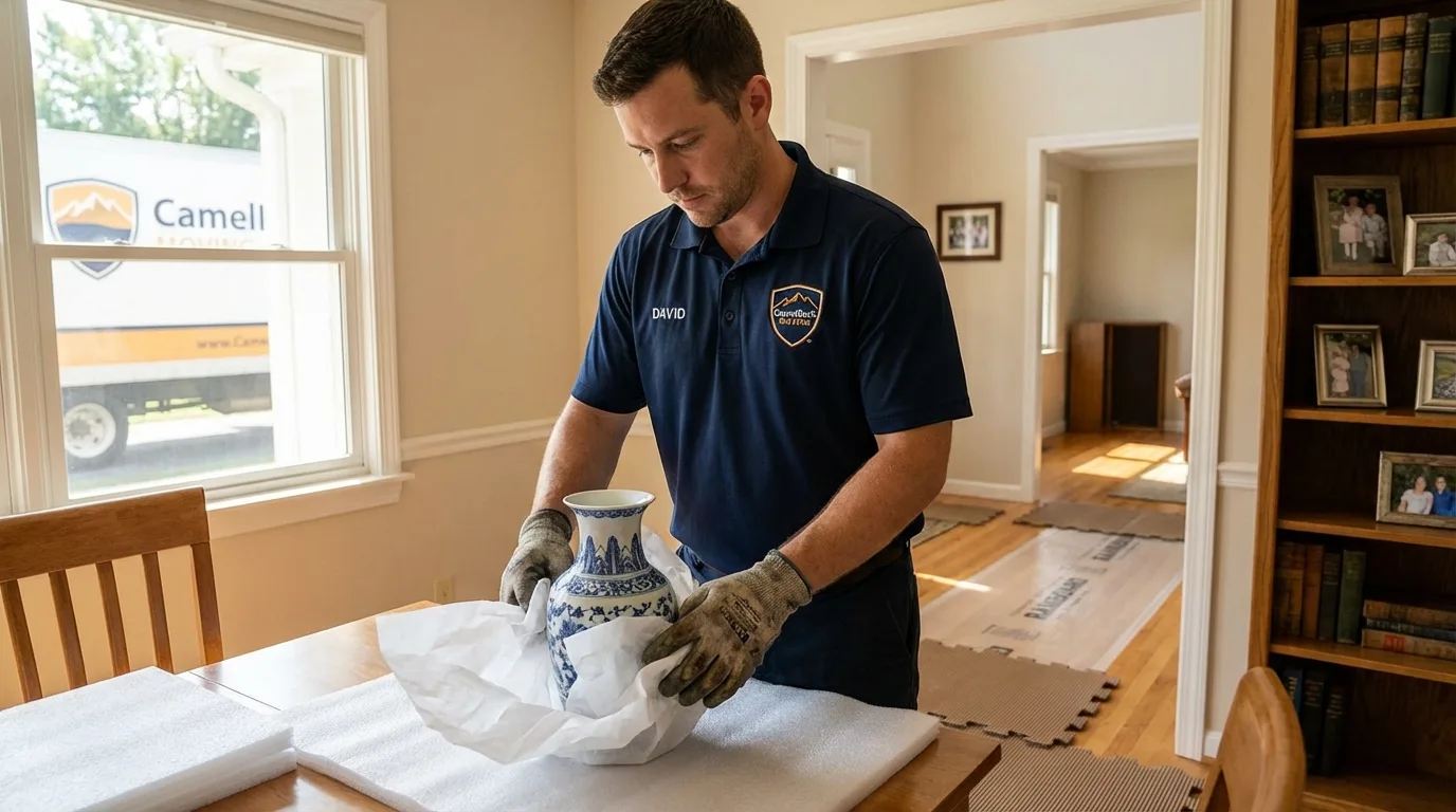 Professional crew carefully wrapping antique vase for senior downsizing move in Clarendon, AR